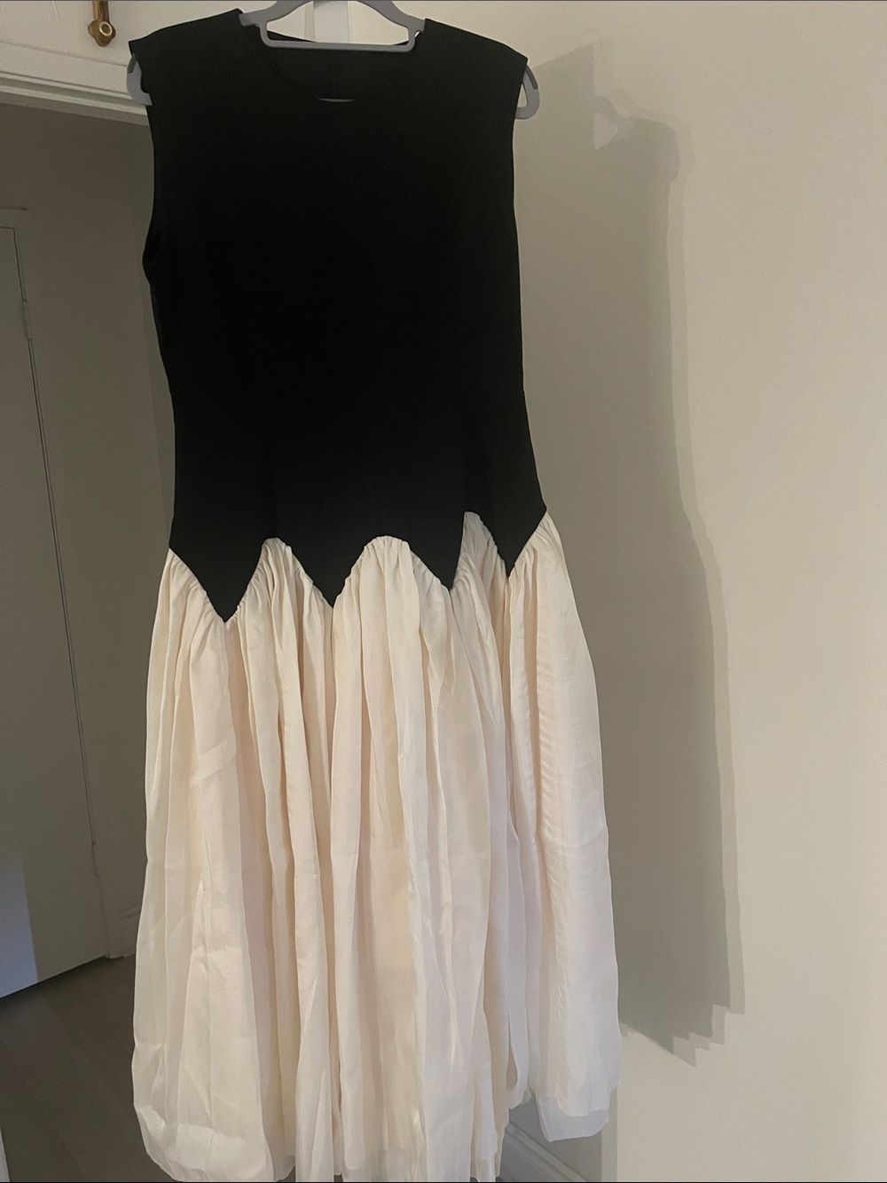 Sleeveless Black and Cream Two-Tone Midi Dress with Gathered Skirt  length 48in